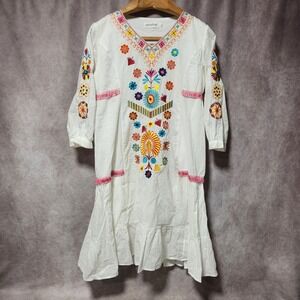 Shineflow White Embroidered Floral Boho Midi Dress Pink Fringe Tiered Womens M